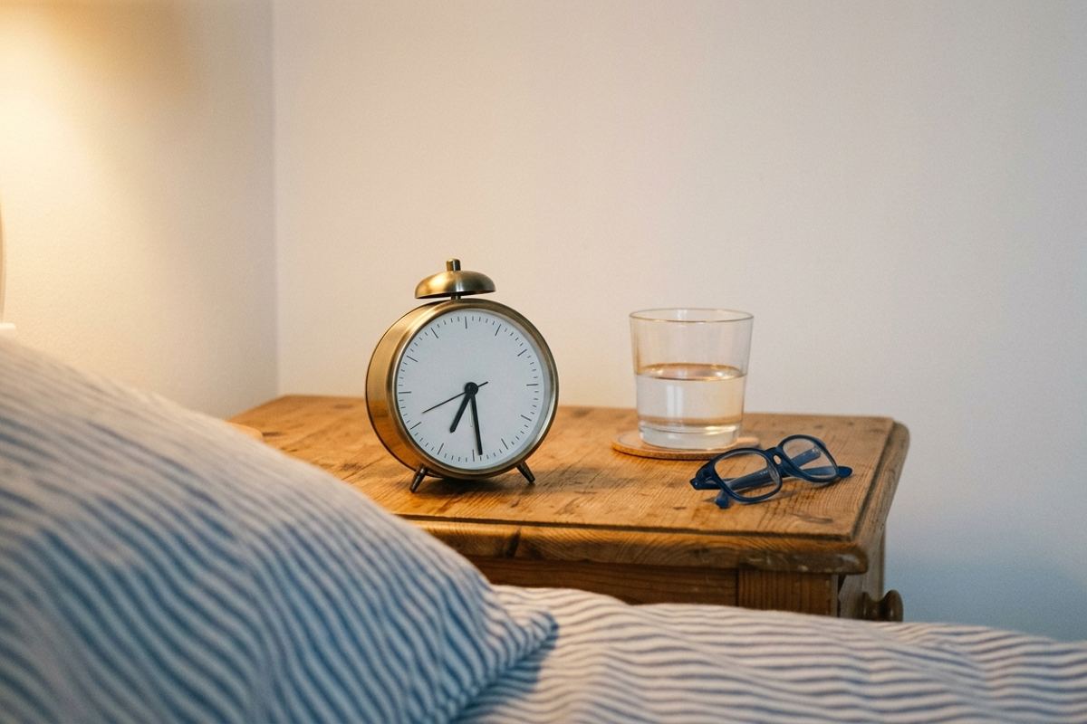 Analog alarm clock on a nightstand next to a glass of water and folded glasses in the evening