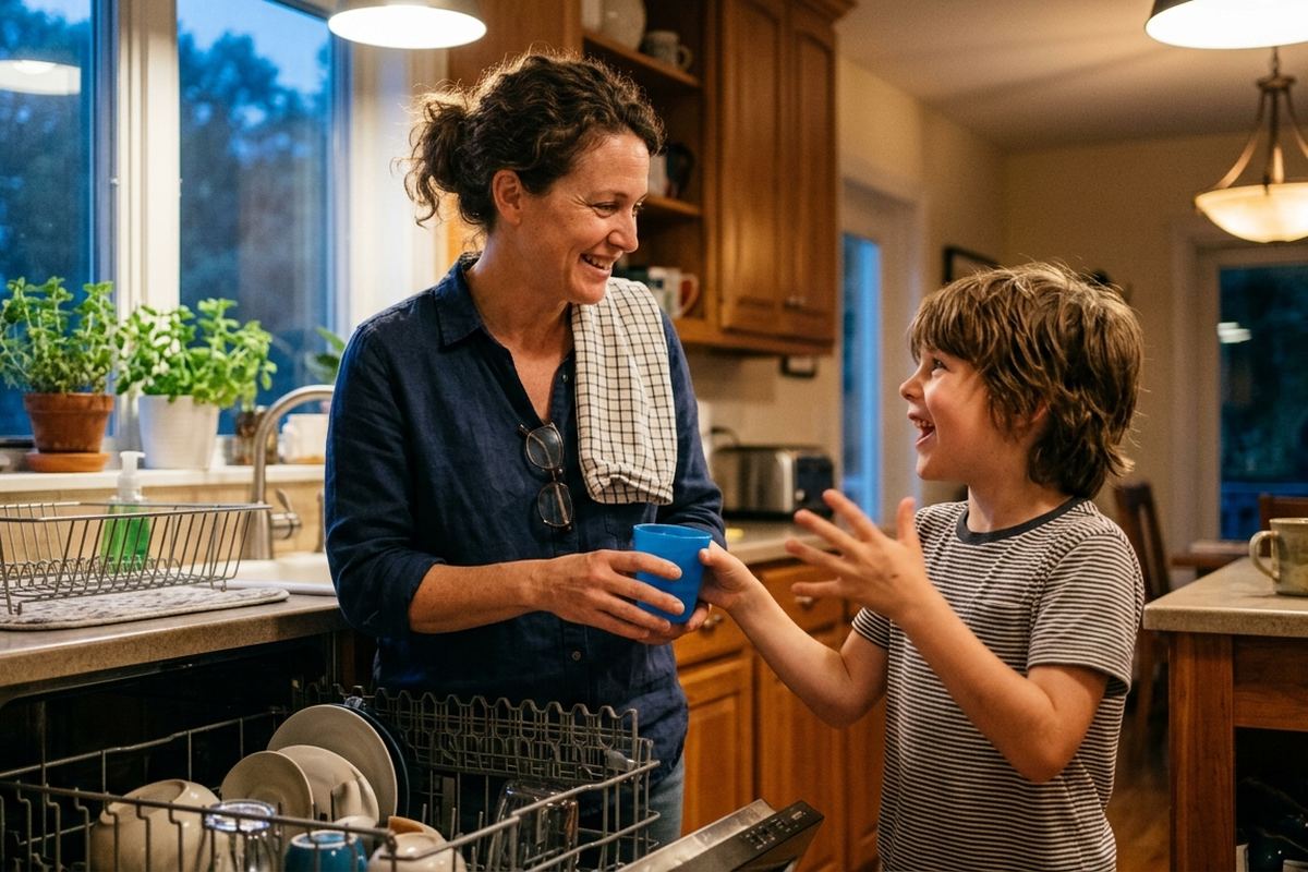 Parent and child talking while unloading the dishwasher together after school