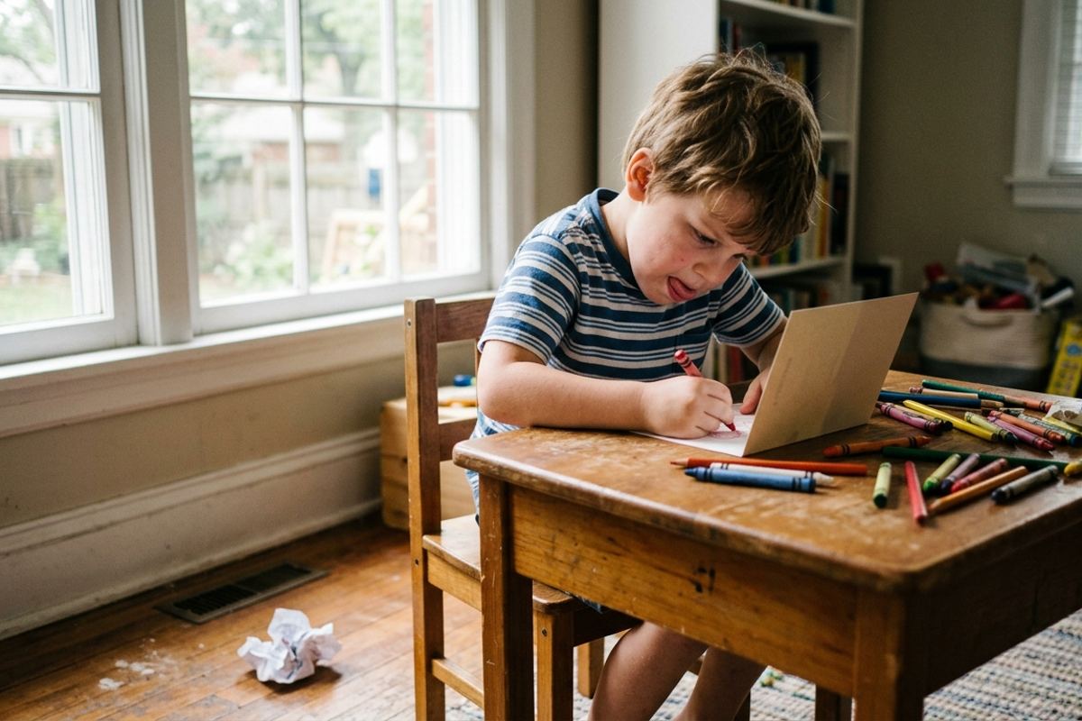 Young child at a small desk writing a card with crayons scattered around