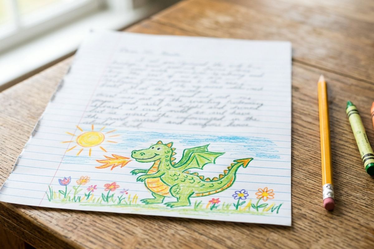 A short story written in adult handwriting with a child's crayon drawing below it on the page