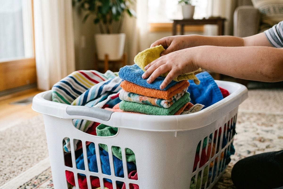 Small hands folding washcloths into a slightly crooked stack on a laundry basket