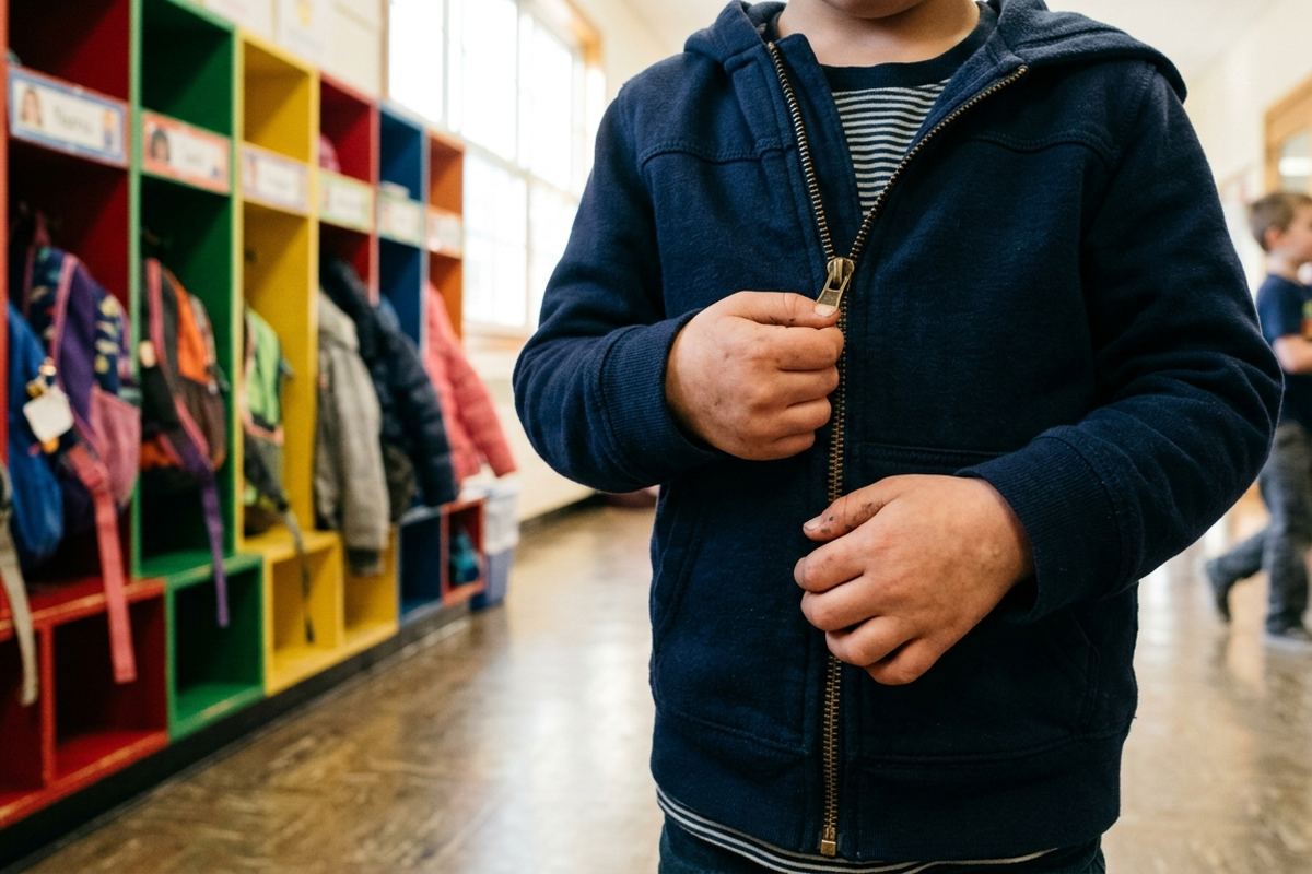 Young child zipping up a backpack by the front door before school