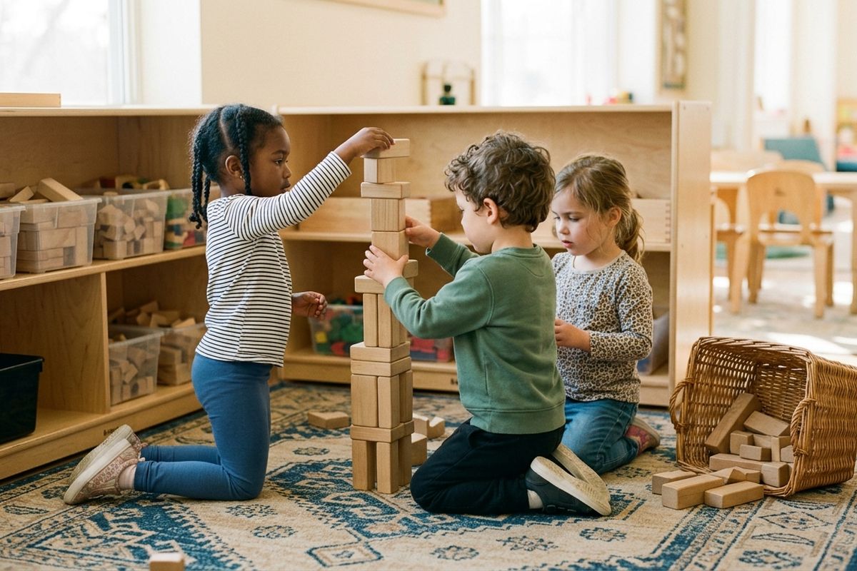 Preschoolers building with wooden blocks on the floor of a sunny classroom during free play