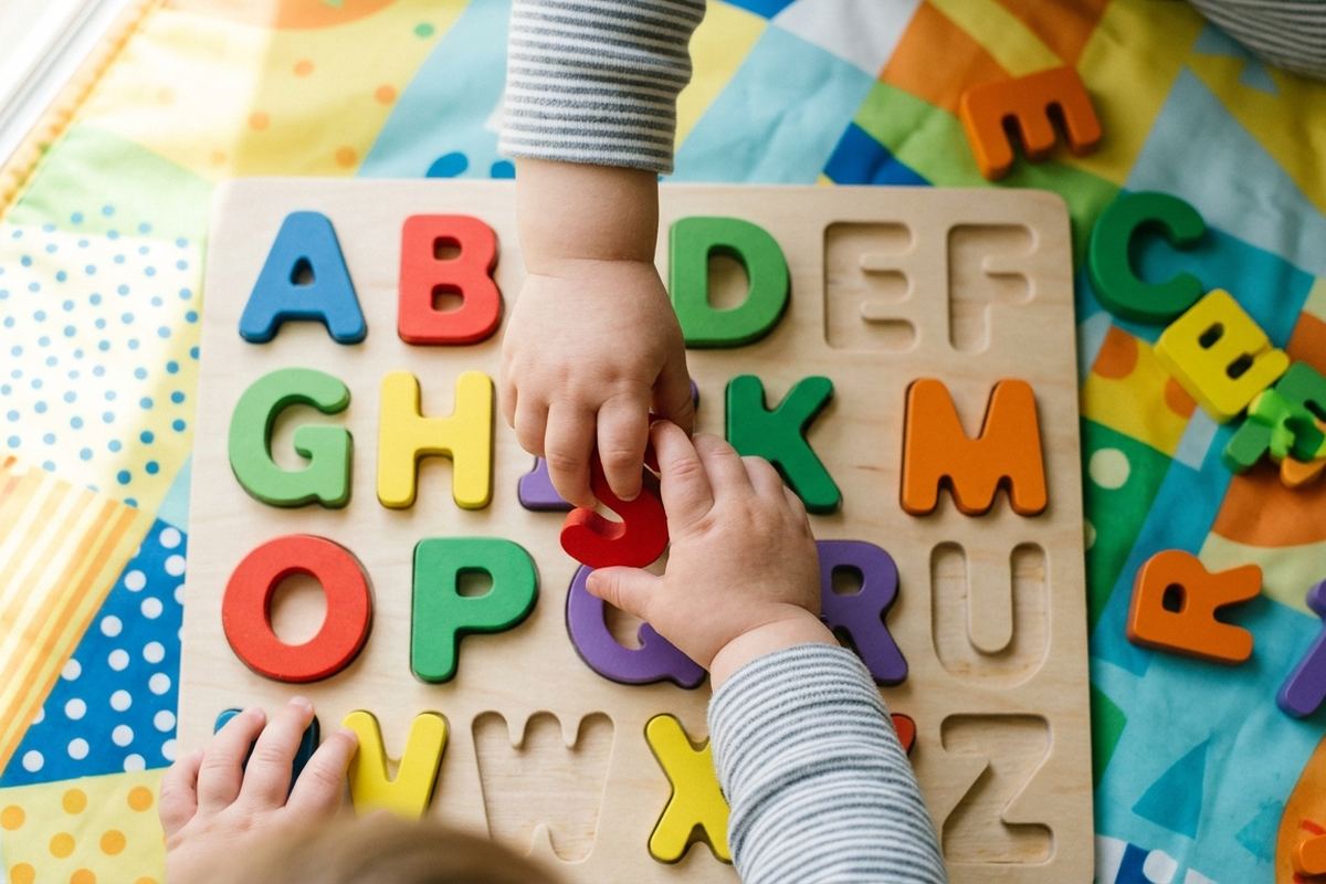 Half-finished alphabet puzzle on a play mat with a small hand placing a piece