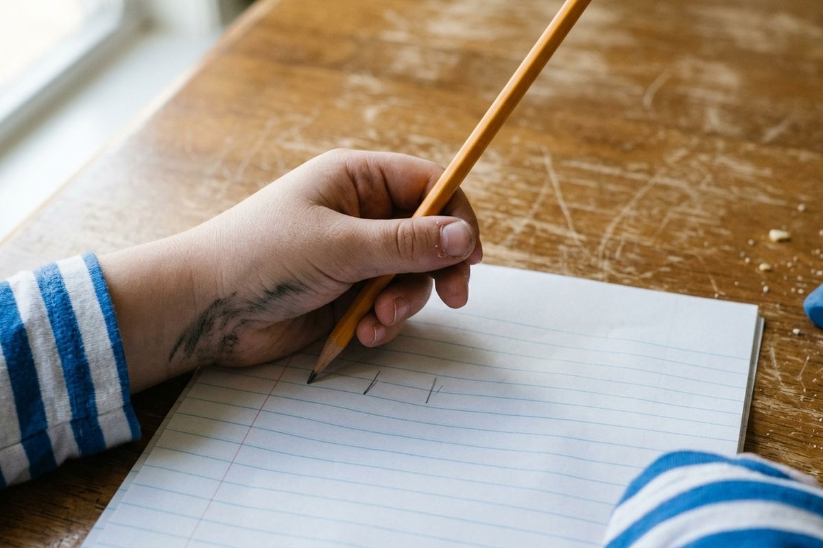 Close-up of a child's left hand holding a pencil over wide-ruled paper, the side of the palm smudged gray