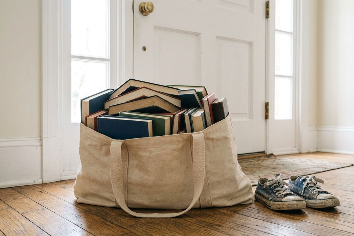 Canvas tote bag overflowing with library books by a front door next to a pair of kid's sneakers
