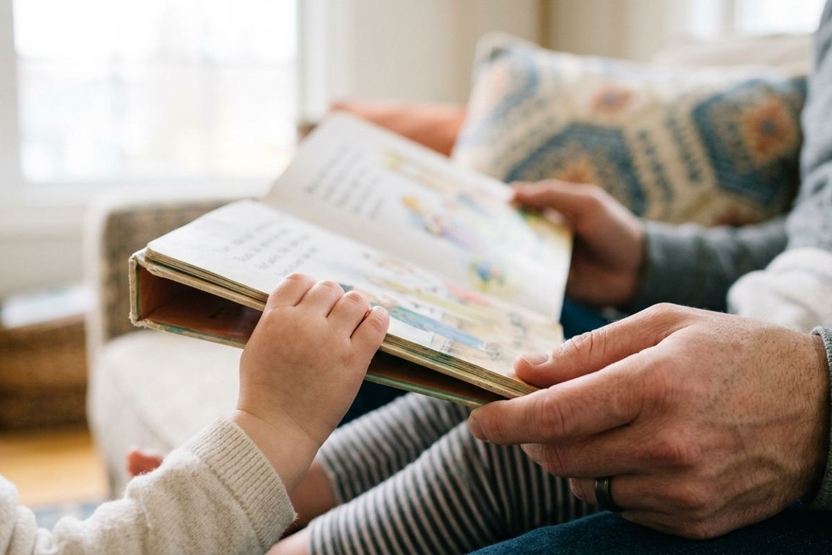 A child's hand and a parent's hand holding opposite corners of the same open book