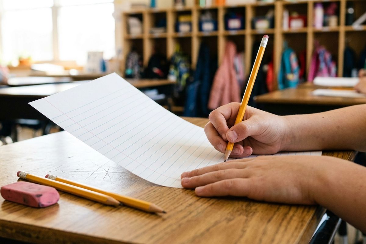 Close-up of a fifth grader's hands and a yellow pencil over lined paper at a classroom desk, cubbies blurred behind