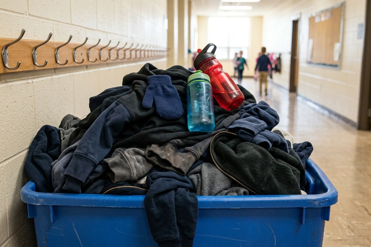 An overflowing school lost-and-found bin in a hallway, dark hoodies with a stray mitten and two water bottles on top