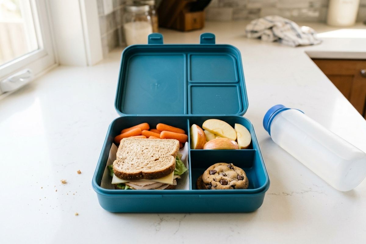 Overhead view of a packed lunchbox with a sandwich, carrots, apple slices and one cookie