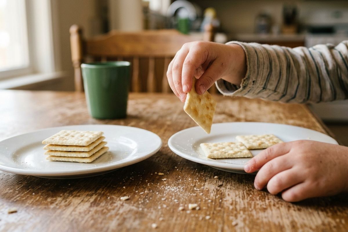 Small hands dividing crackers onto two plates at a kitchen table
