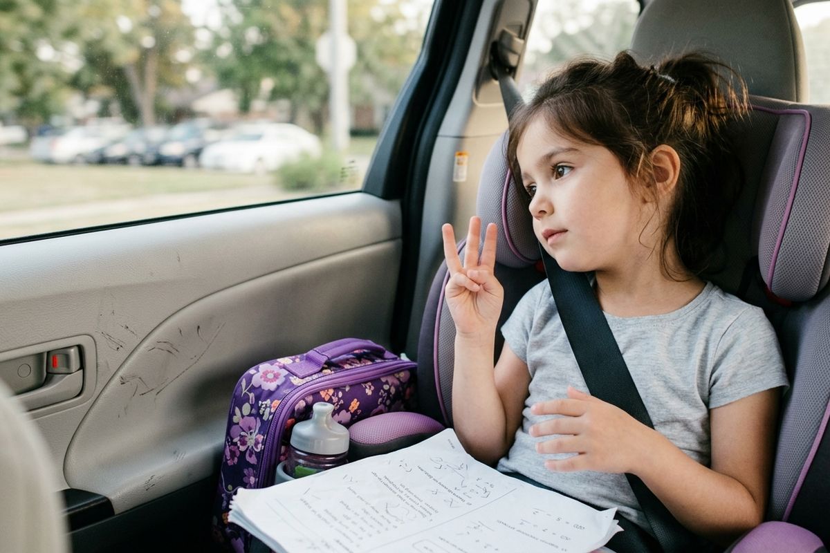 Young girl in a booster seat looking out the car window on the way home from school