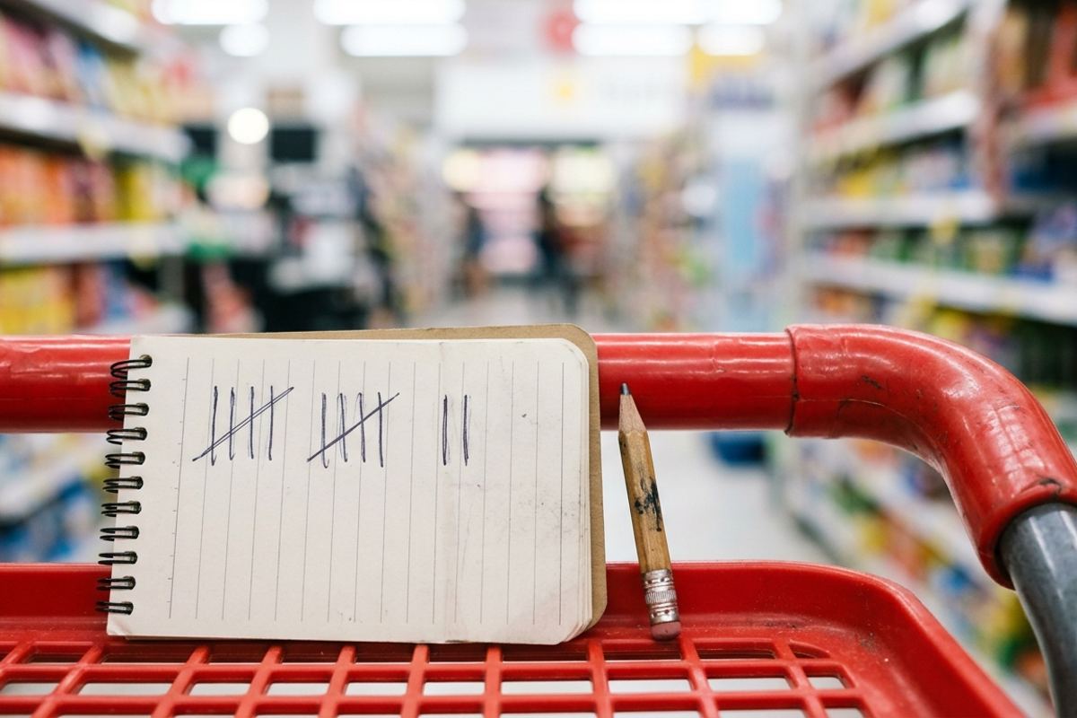 Handwritten tally marks on a small notepad next to a shopping basket handle