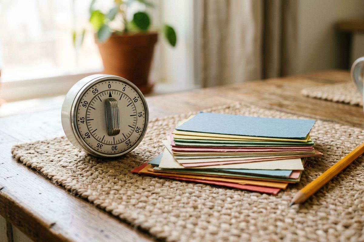 Egg timer next to a stack of colorful homemade flash cards on a placemat