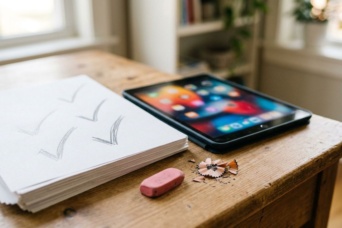 Completed math worksheet with pencil check marks next to a tablet showing a colorful game