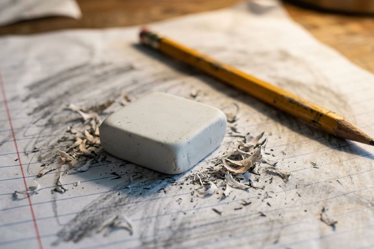 Eraser shavings on a worked-over math sheet with a pencil resting beside it