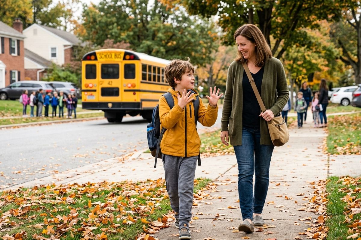 Boy counting on his fingers while walking home from the school bus with his mother