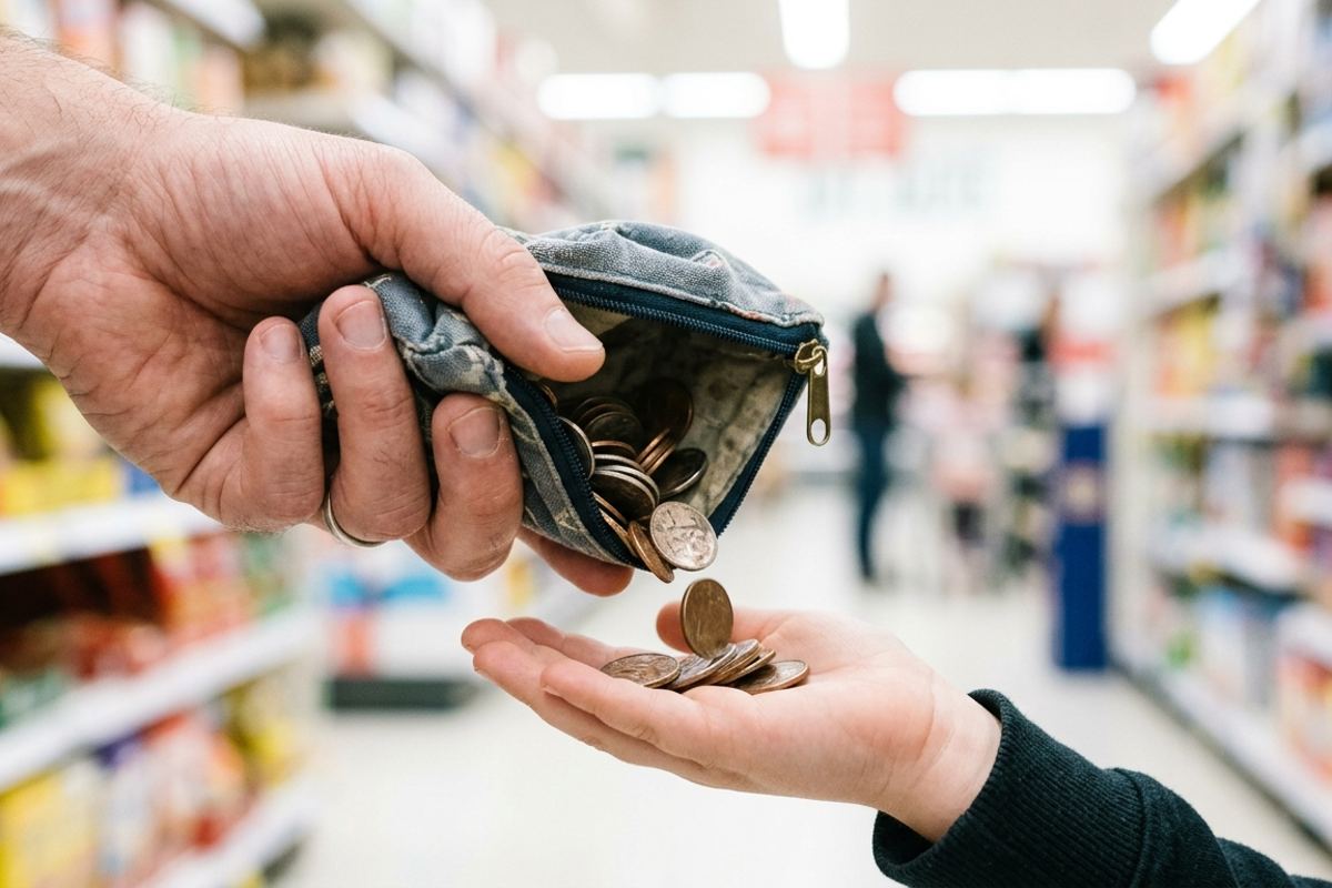 Coins counted from a small zip pouch into a child's palm at the store