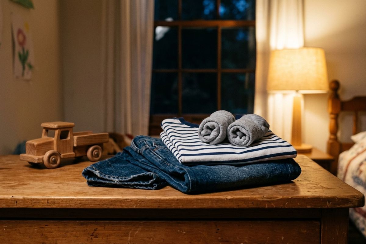 Clothes laid out on a dresser the night before, folded with socks on top