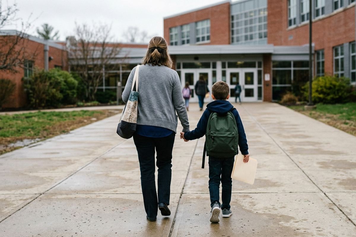 Parent and child walking up to a new school entrance holding an enrollment folder