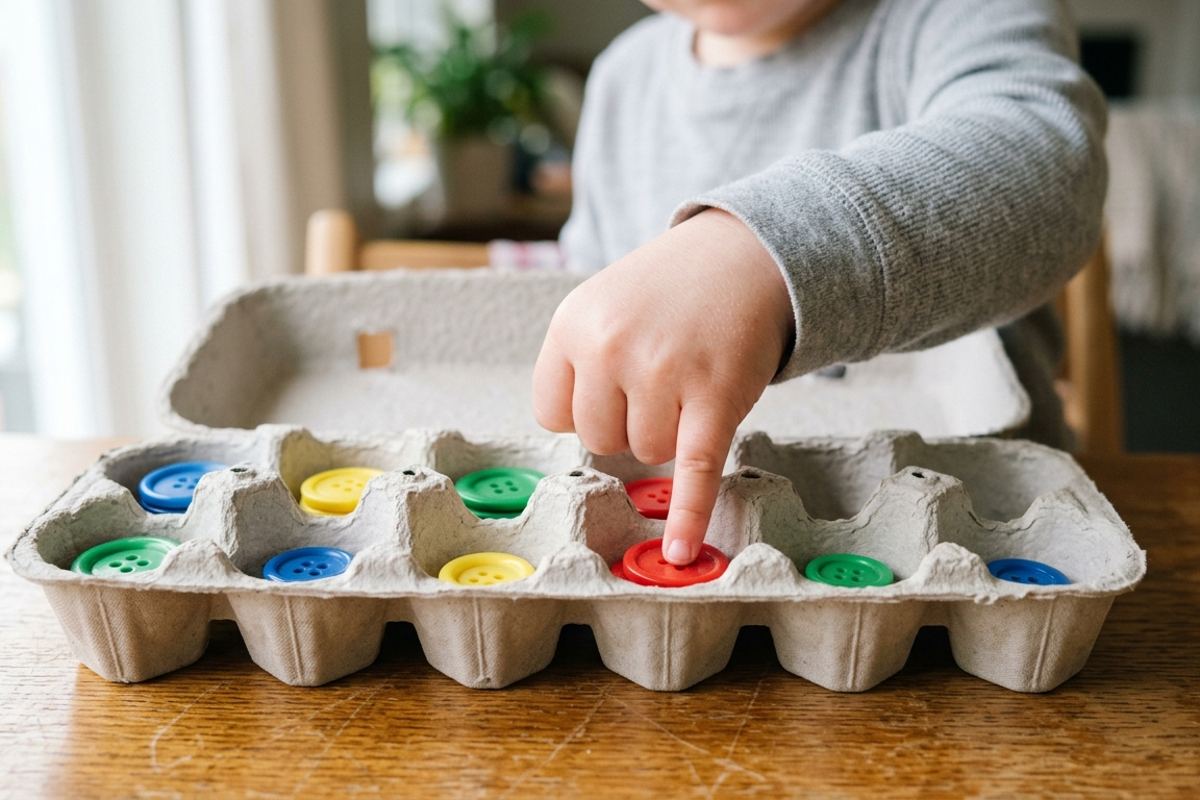 Egg carton used as a multiplication array with buttons in the cups