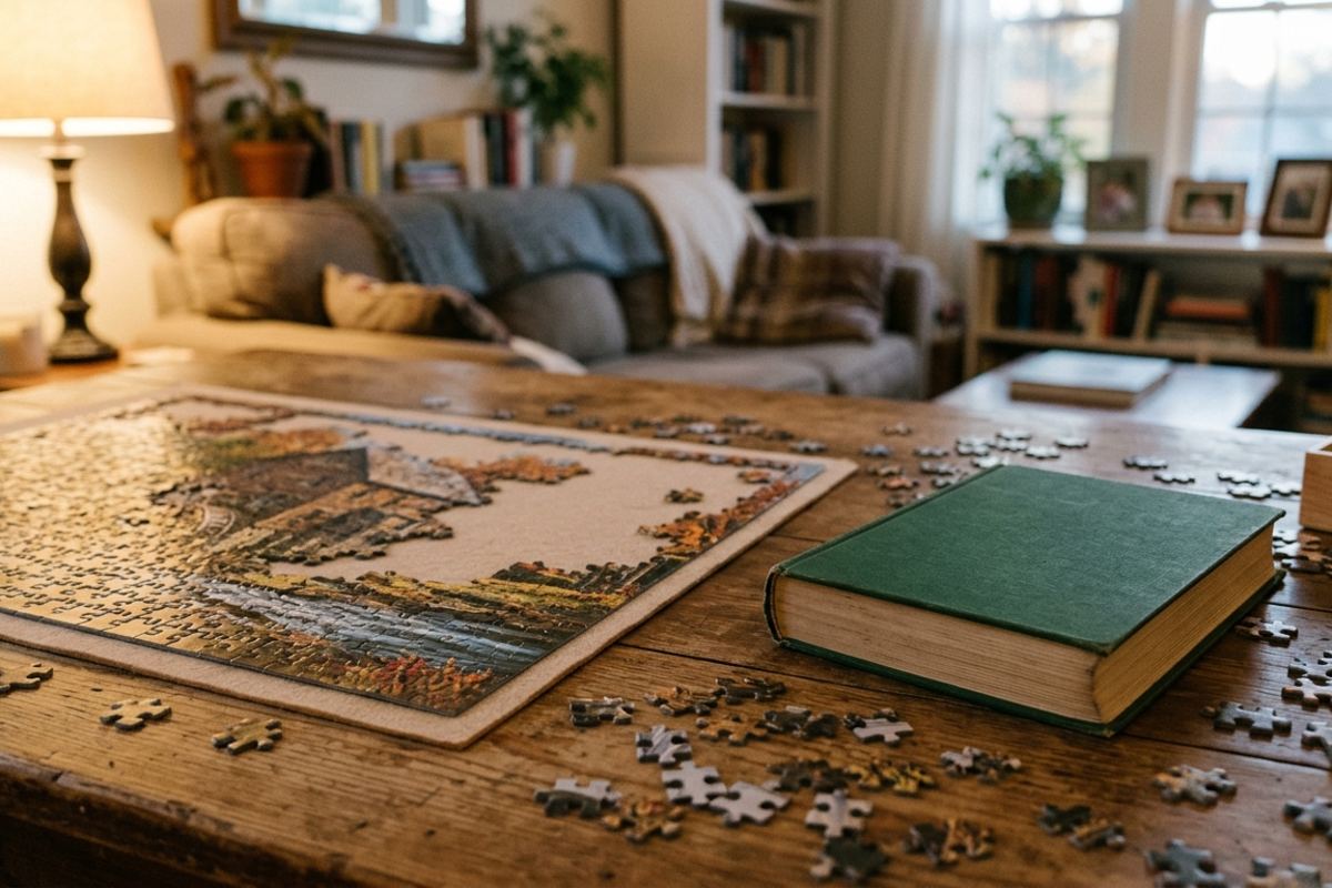 Half-finished puzzle and a library book on a coffee table in lamp light