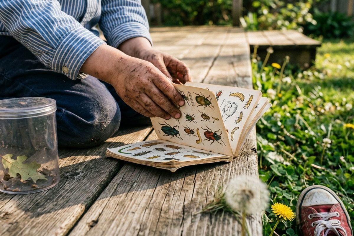 Child's dirt-streaked hands holding open an illustrated insect field guide on a backyard deck next to a bug jar