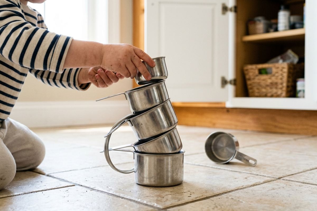 Young child stacking measuring cups into a tower on the kitchen floor