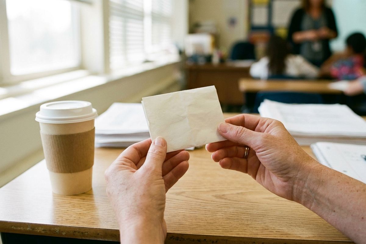 Parent's hands holding a folded note beside a coffee cup on a classroom table