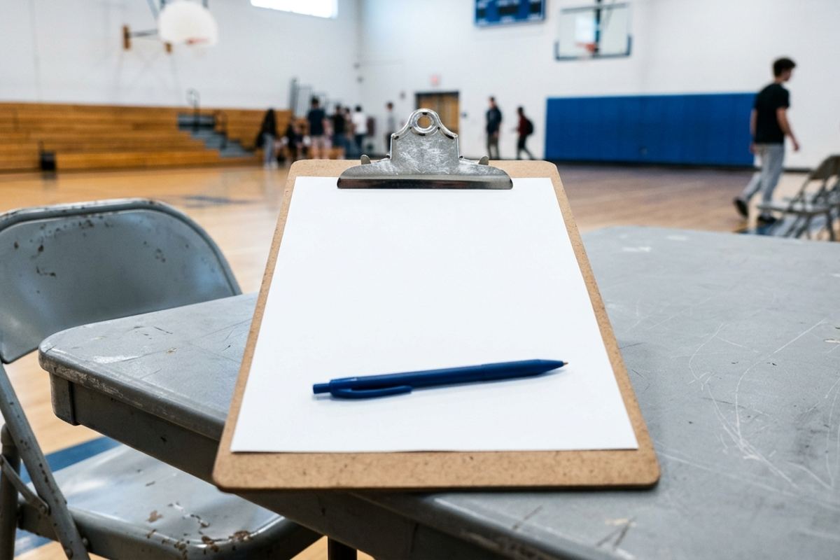 Clipboard with a blank sign-up sheet and a pen on a folding table in a school gym