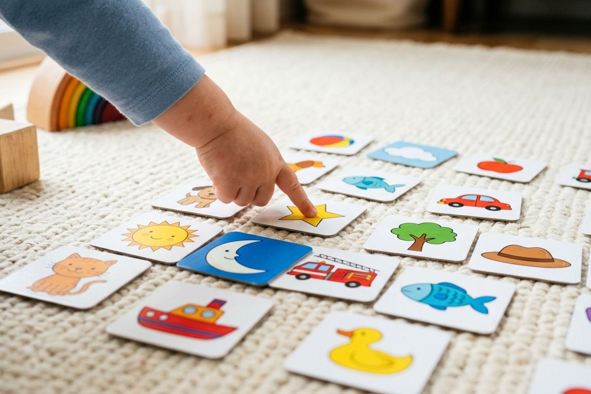 Small rhyming picture cards spread on a rug with a preschooler's hand pointing at one