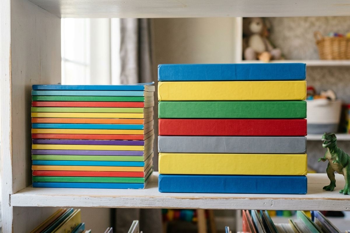Thin early chapter books shelved next to picture books in a kid's bedroom
