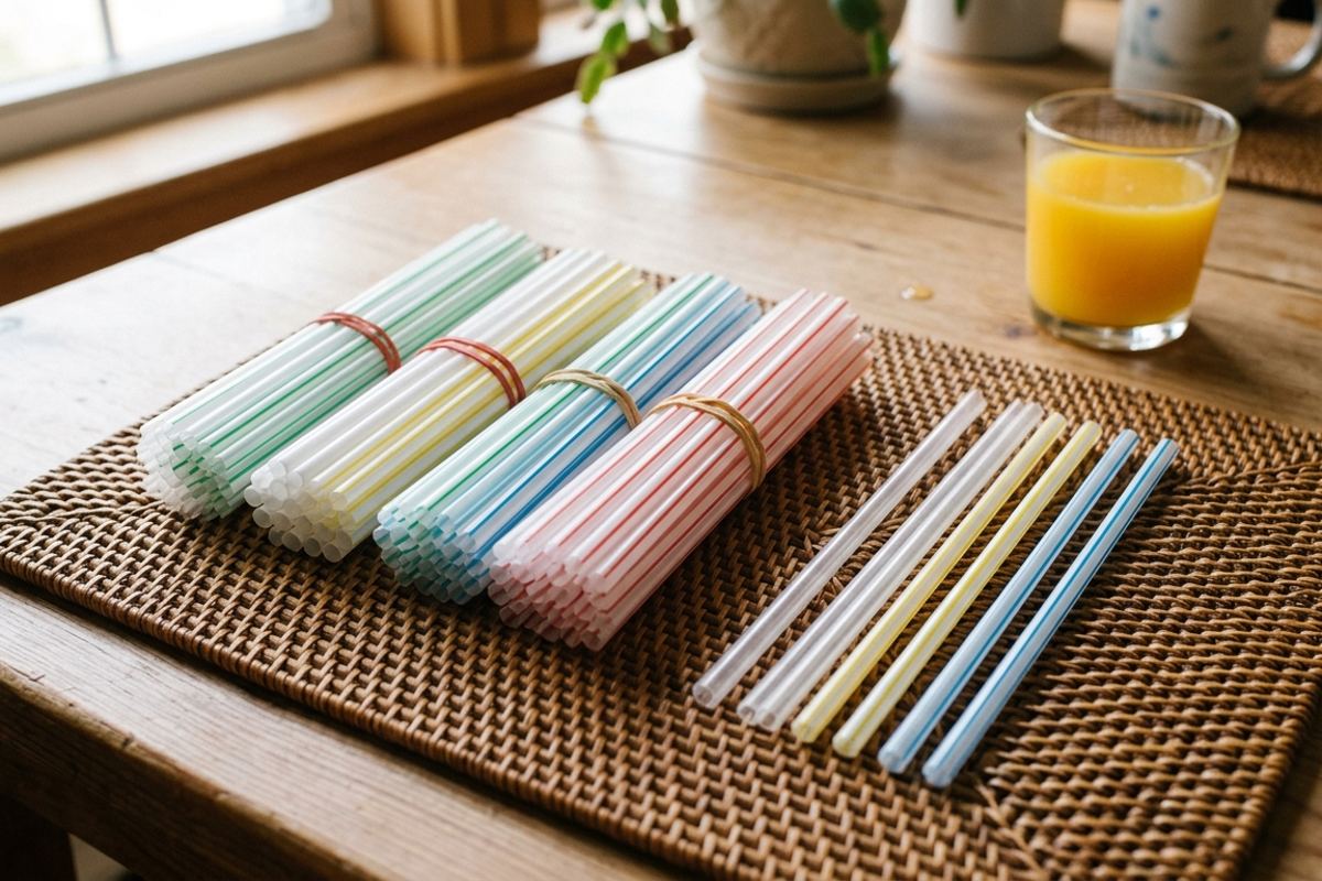 Bundled drinking straws and loose ones sorted on a placemat in morning light