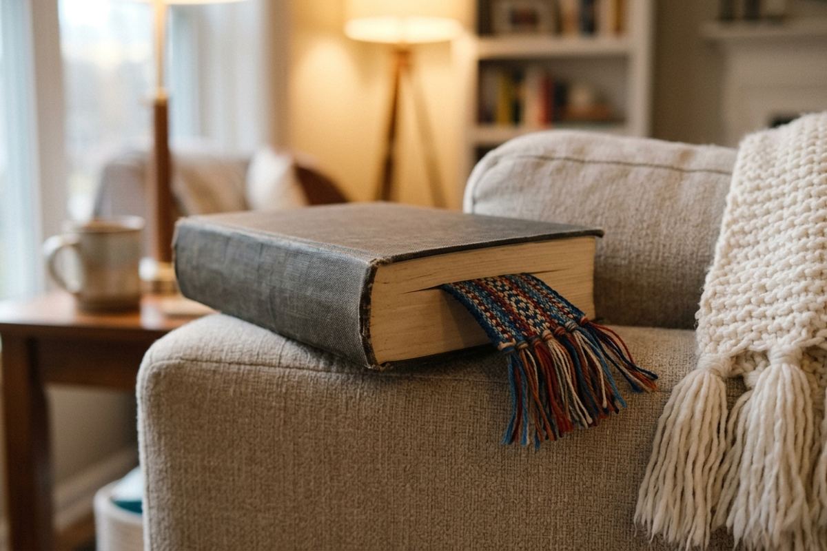 Bookmark sticking out of a thick chapter book resting on an armchair
