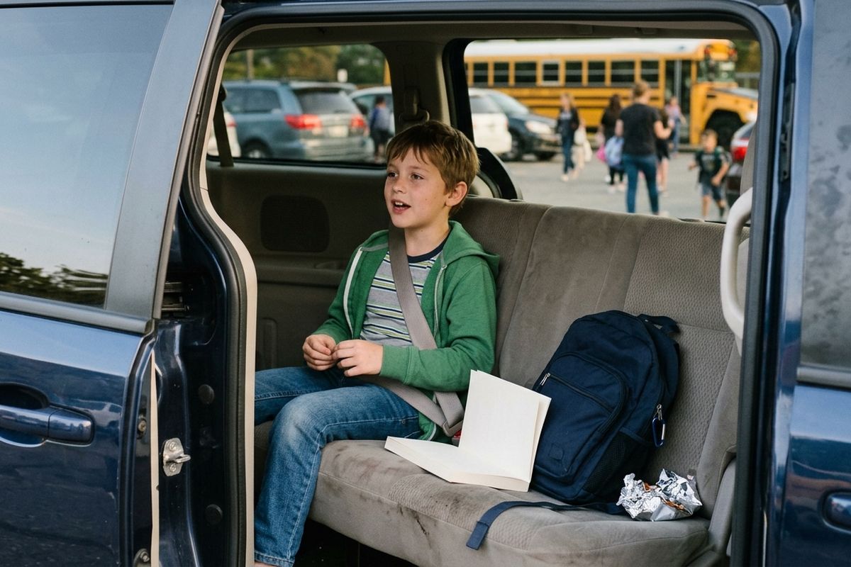 Boy in a minivan back seat at school pickup telling his mother about his book, the paperback face-down on the seat