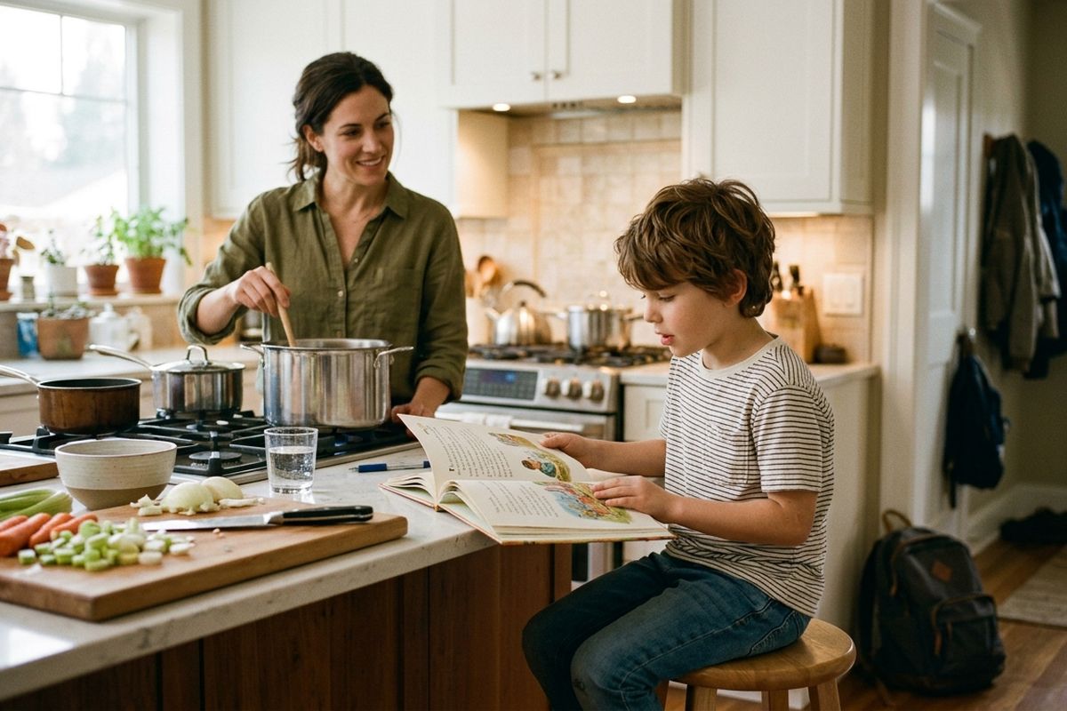 A boy on a kitchen stool reading aloud from a book while his mother listens from the stove