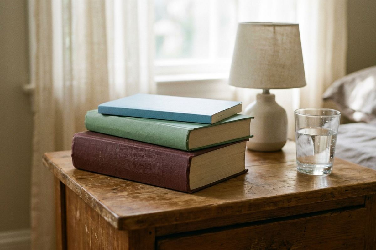 Three books of very different thicknesses stacked on a child's nightstand