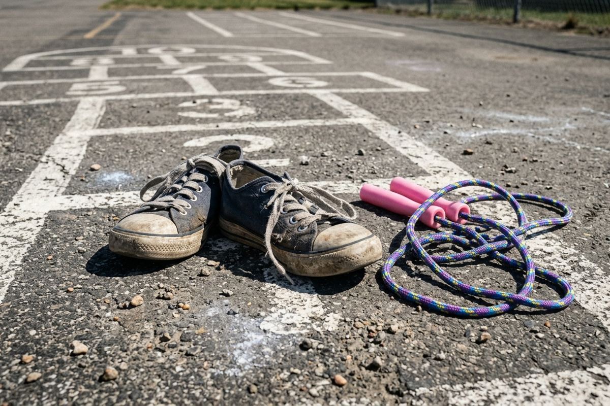 Scuffed sneakers and a jump rope dropped on the blacktop with painted lines