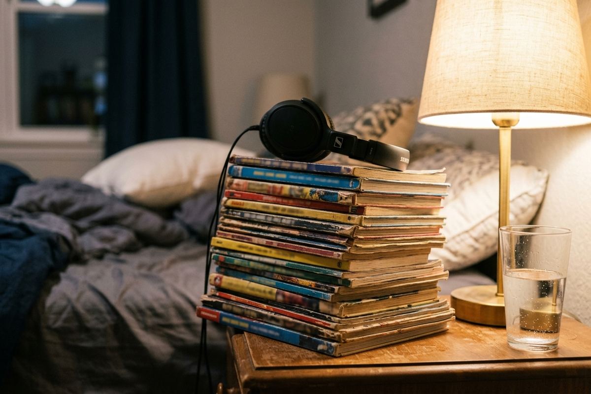 Stack of comics and joke books in a basket by the couch