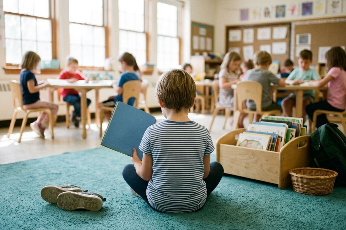Child sitting alone on a classroom rug with a picture book during quiet reading time, classmates at tables behind