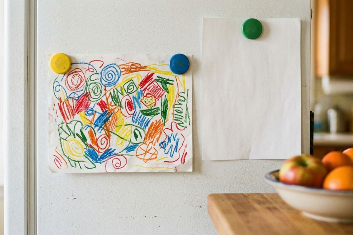 Fridge door with a kid's drawing held up by magnets next to a plain sheet of paper