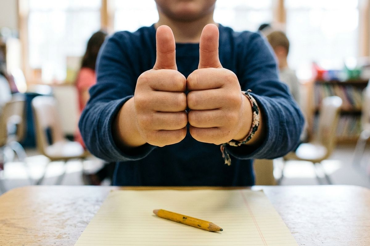A first grader holds up two fists with thumbs up over a blank sheet of paper at a classroom desk