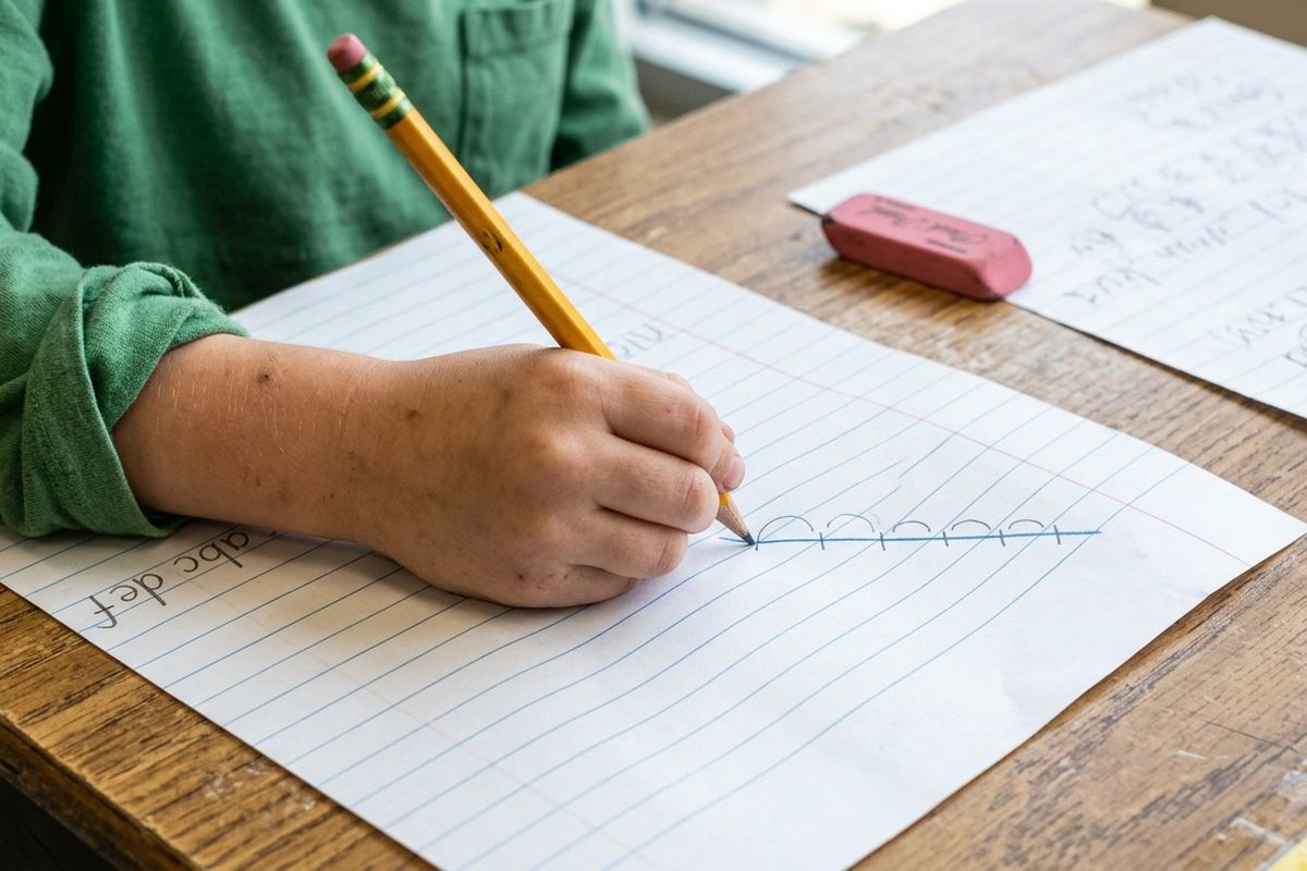 Close-up of a child's hand drawing a number line with hops on wide-ruled paper with a yellow pencil