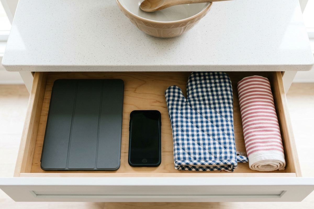 Open kitchen drawer with a tablet and phone stored inside next to oven mitts