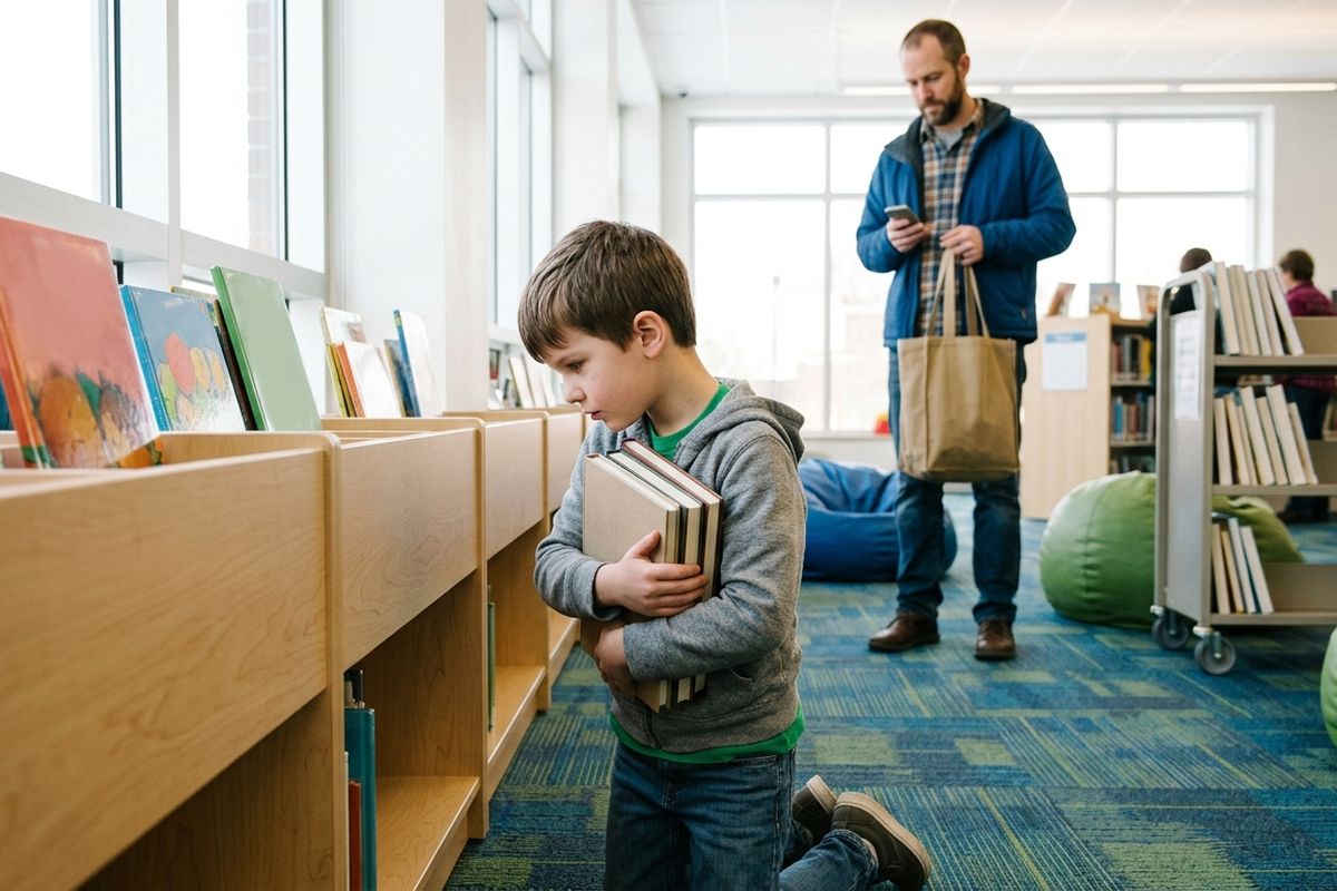 Boy kneeling at a low library shelf with four books clamped against his chest, reading spines, dad waiting behind
