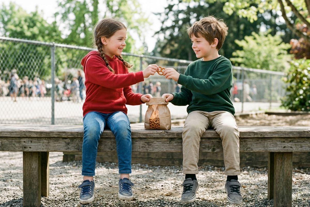Two kids sitting side by side on a bench sharing a bag of pretzels near a playground fence
