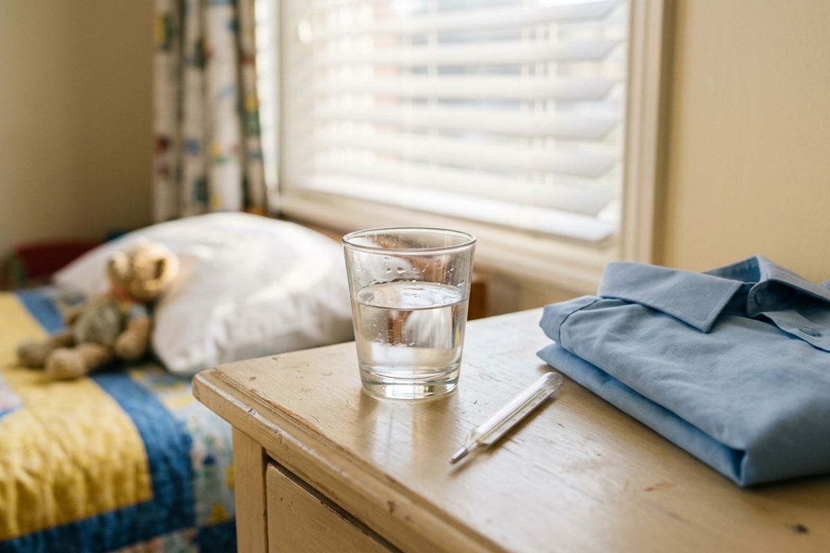 Thermometer and a glass of water on a nightstand next to a folded school shirt