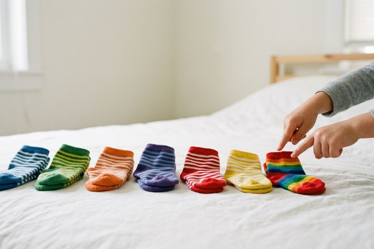 Pairs of socks lined up on a bed being counted by a child's hands