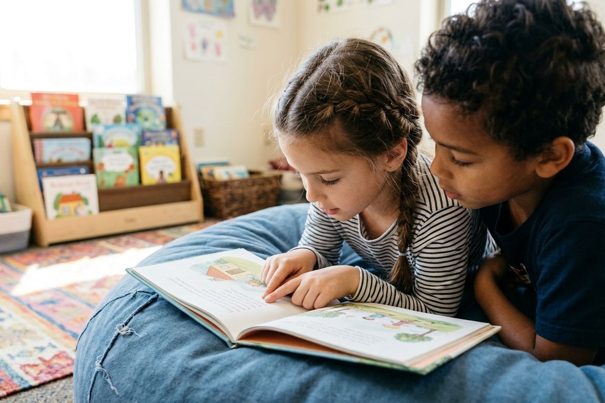 Two second graders sharing a picture book on a beanbag, one child's finger resting under a line on the page