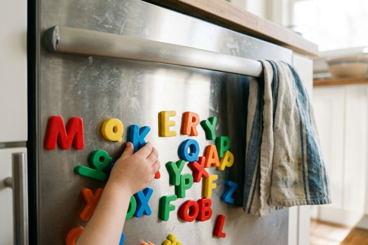 Small hand moving magnetic letters around on a dishwasher door